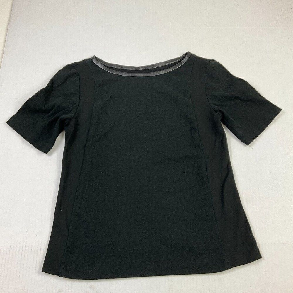LOFT Womens Blouse Black Short Sleeve Boat Neck Faux Leather Trim Stretch Top XS
